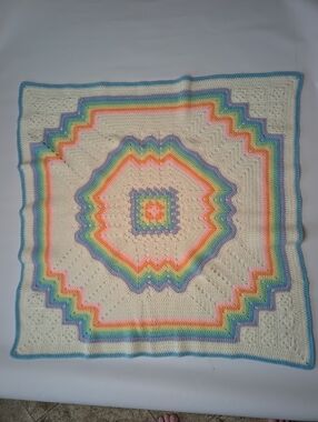 Rainbow Crocheted Blanket Hand Made Lap Shawl Size 39" X 39" Geometric